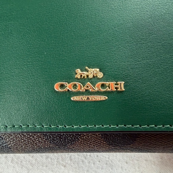 Coach Signature Slim Trifold Snap Wallet in Brown Canvas/Dark Pine - Picture 2 of 11